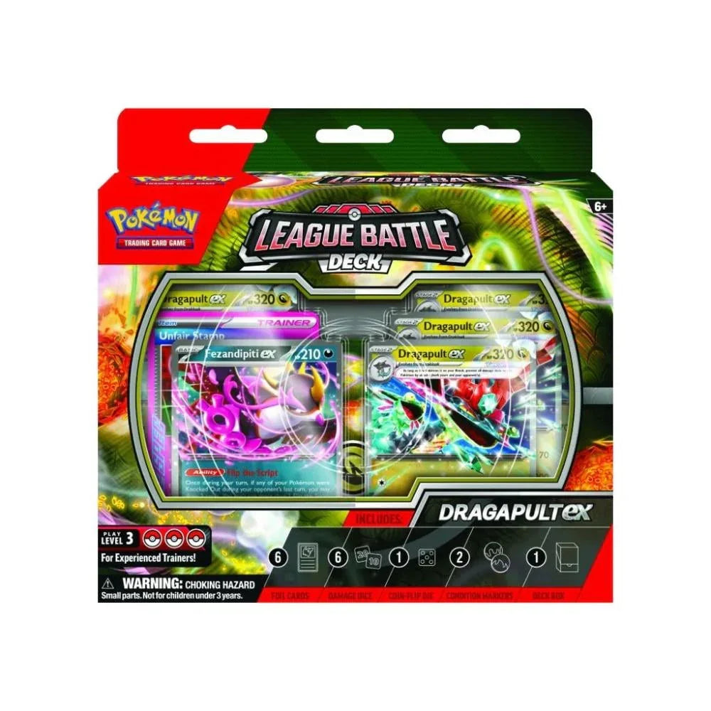 Pokemon League Battle Deck Dragapult ex box with foil cards visible, trading card game packaging