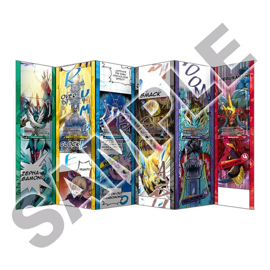 Colorful Digimon playmat with comic-style artwork and trading cards displayed.
