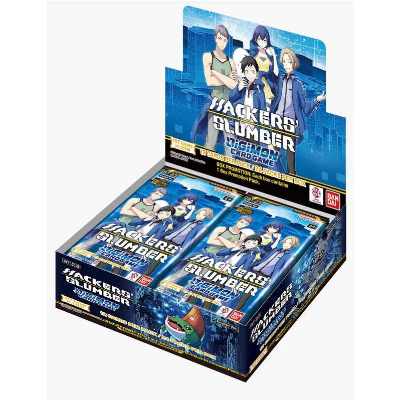 Digimon card game Hackers' Slumber booster box with anime characters and blue digital theme