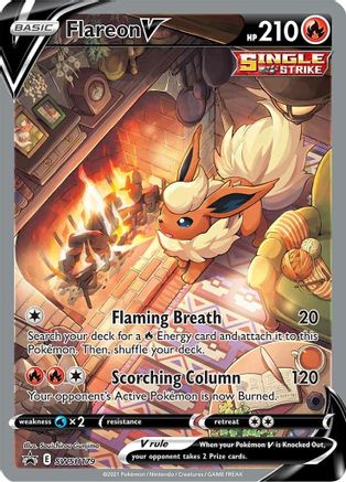 Flareon V trading card featuring Flareon by a fireplace in a cozy room, Pokémon card game.