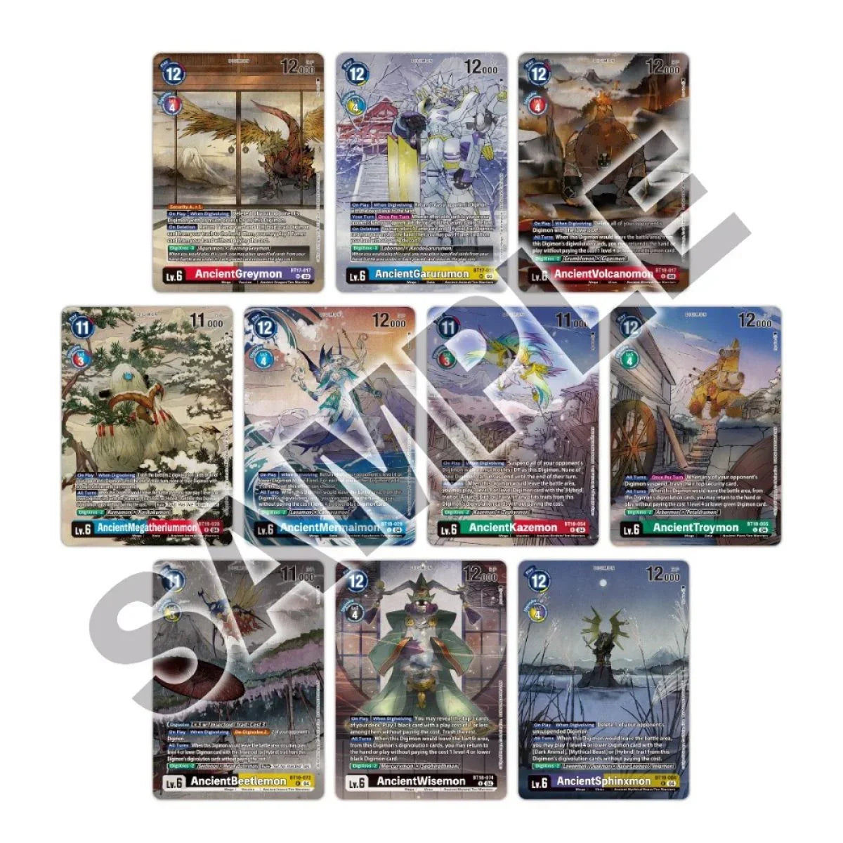 Digimon trading card game set featuring ten Ancient Digimon cards with fantasy artwork