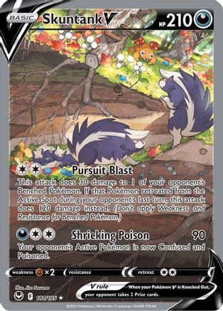 Skuntank V Pokémon card featuring Skuntank in a colorful forest setting, with attack details.