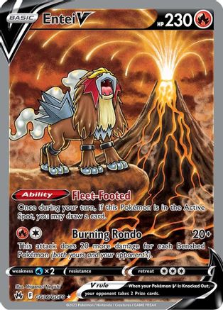 Entei V Pokémon card featuring Entei with erupting volcano, abilities and stats visible.