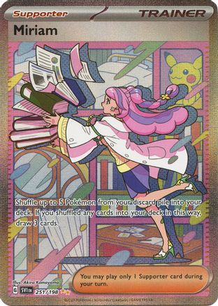 Pokemon Miriam supporter card featuring a pink-haired character in a library setting, holding books.