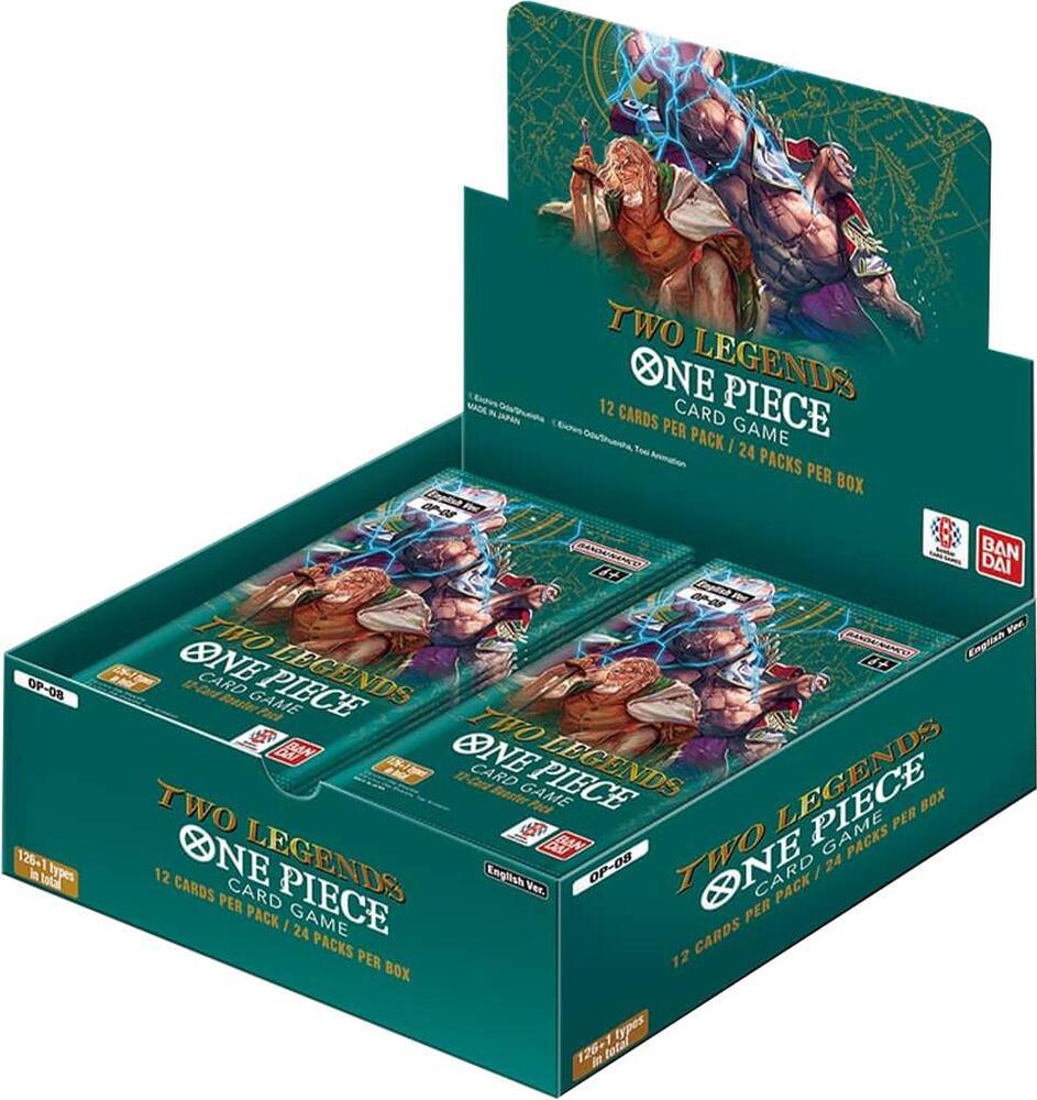 One Piece Two Legends card game booster box with anime artwork, 24 packs per box