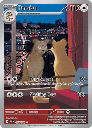 Persian Pokémon trading card featuring two cats on a balcony overlooking a city at night.