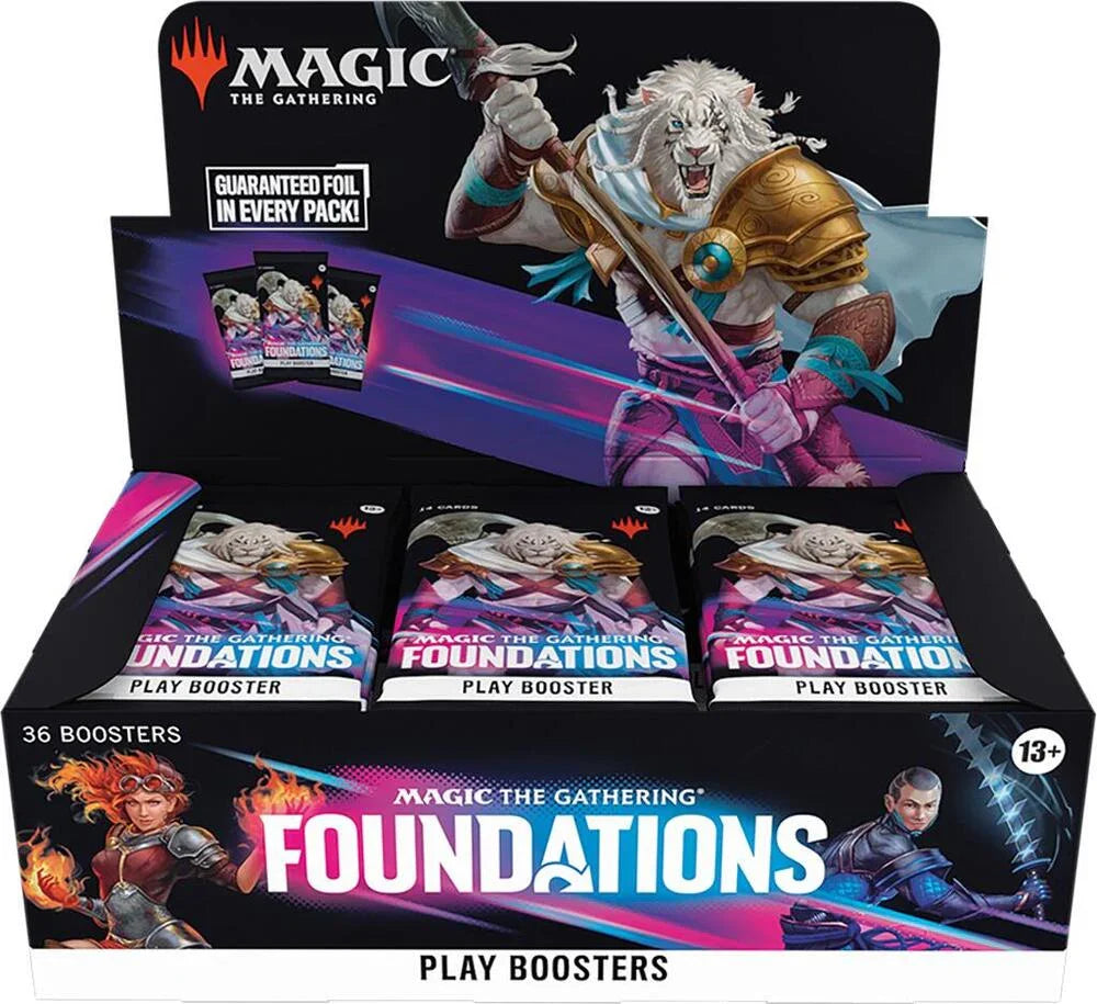 Magic The Gathering Foundations play booster box with fantasy artwork and trading card packs