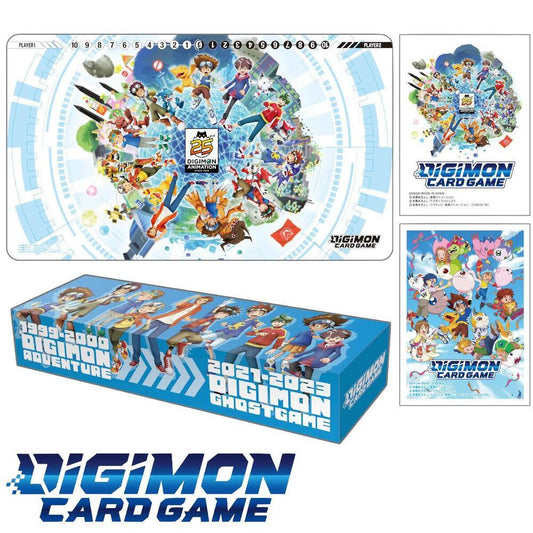 Digimon Card Game 25th anniversary playmat, storage box, and cards with Digimon characters artwork