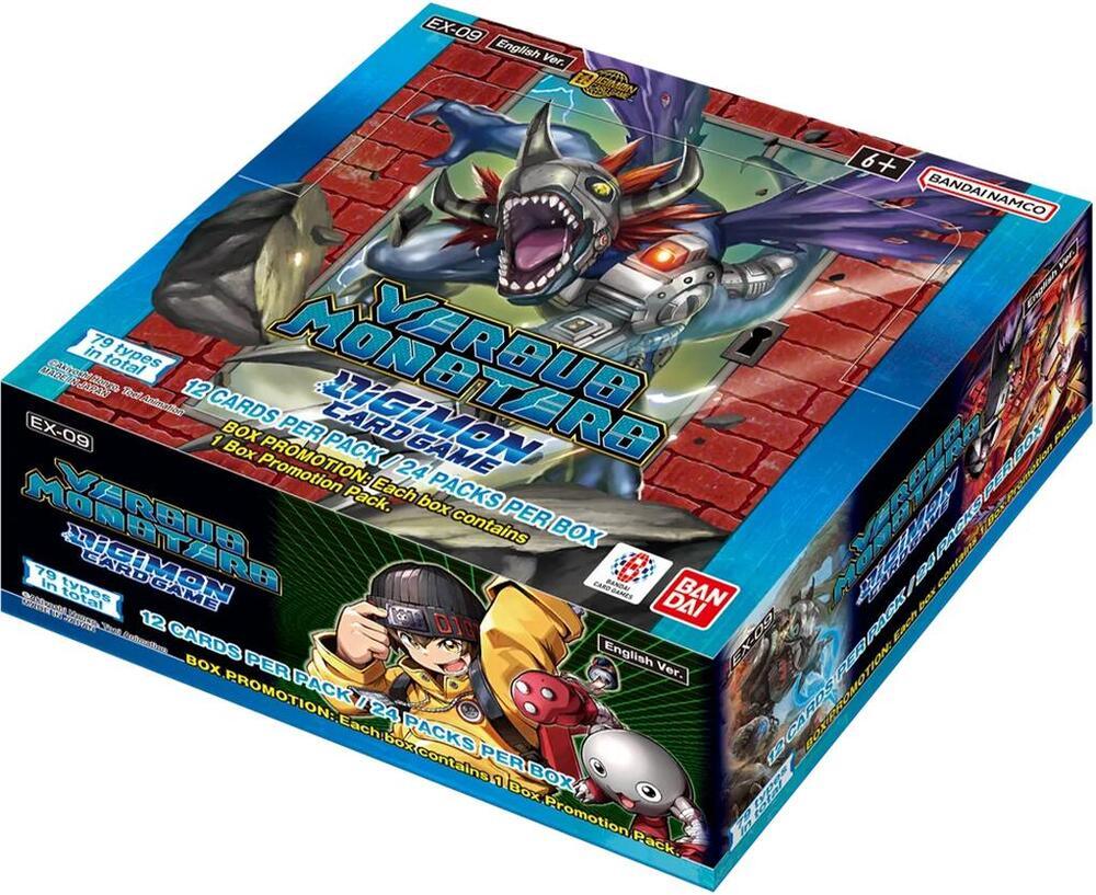 Digimon Card Game EX-09 booster box with metallic monster artwork and trading card details