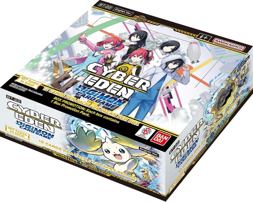 Digimon Cyber Eden card game booster box with anime characters and Digimon artwork
