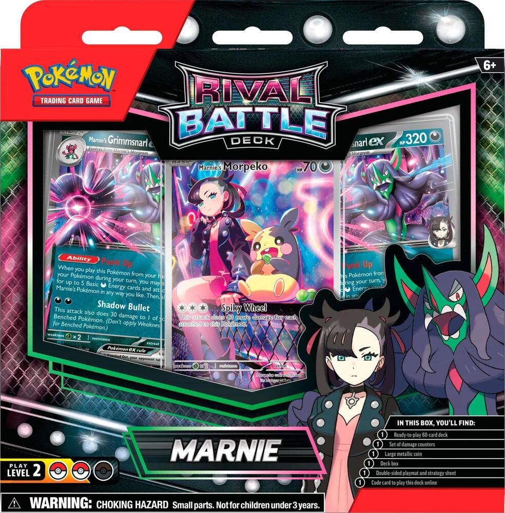 Pokemon Rival Battle Deck Marnie packaging featuring Morpeko and Grimmsnarl cards