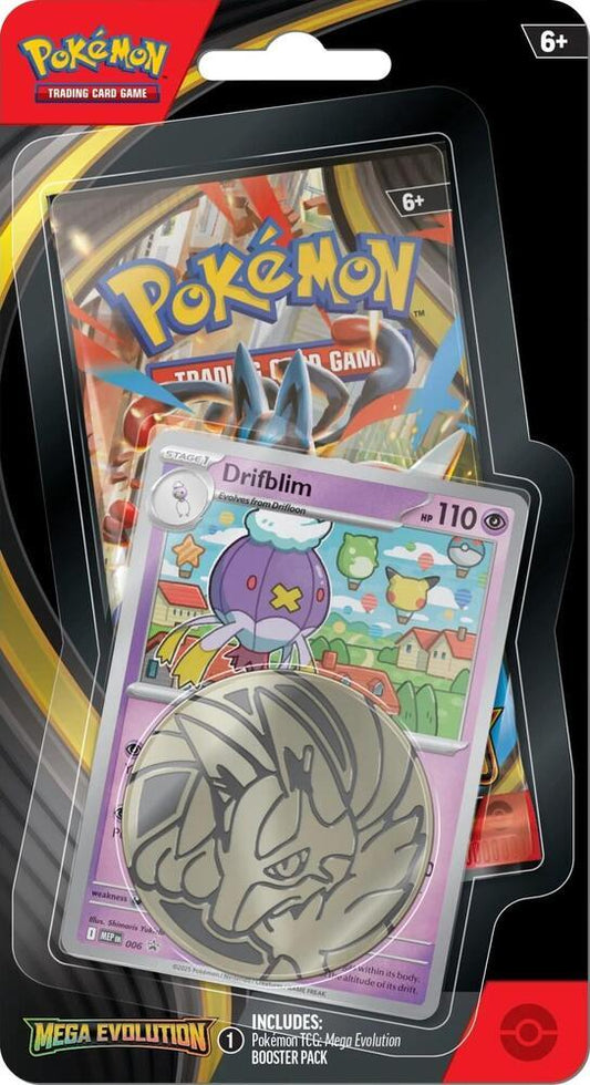 Pokémon TCG Mega Evolution blister pack with Drifblim promo card and Lucario coin