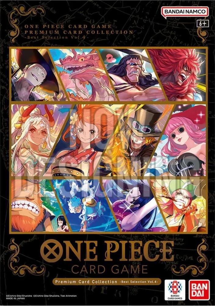 One Piece Card Game Premium Card Collection box featuring colorful anime characters and Bandai Namco logo