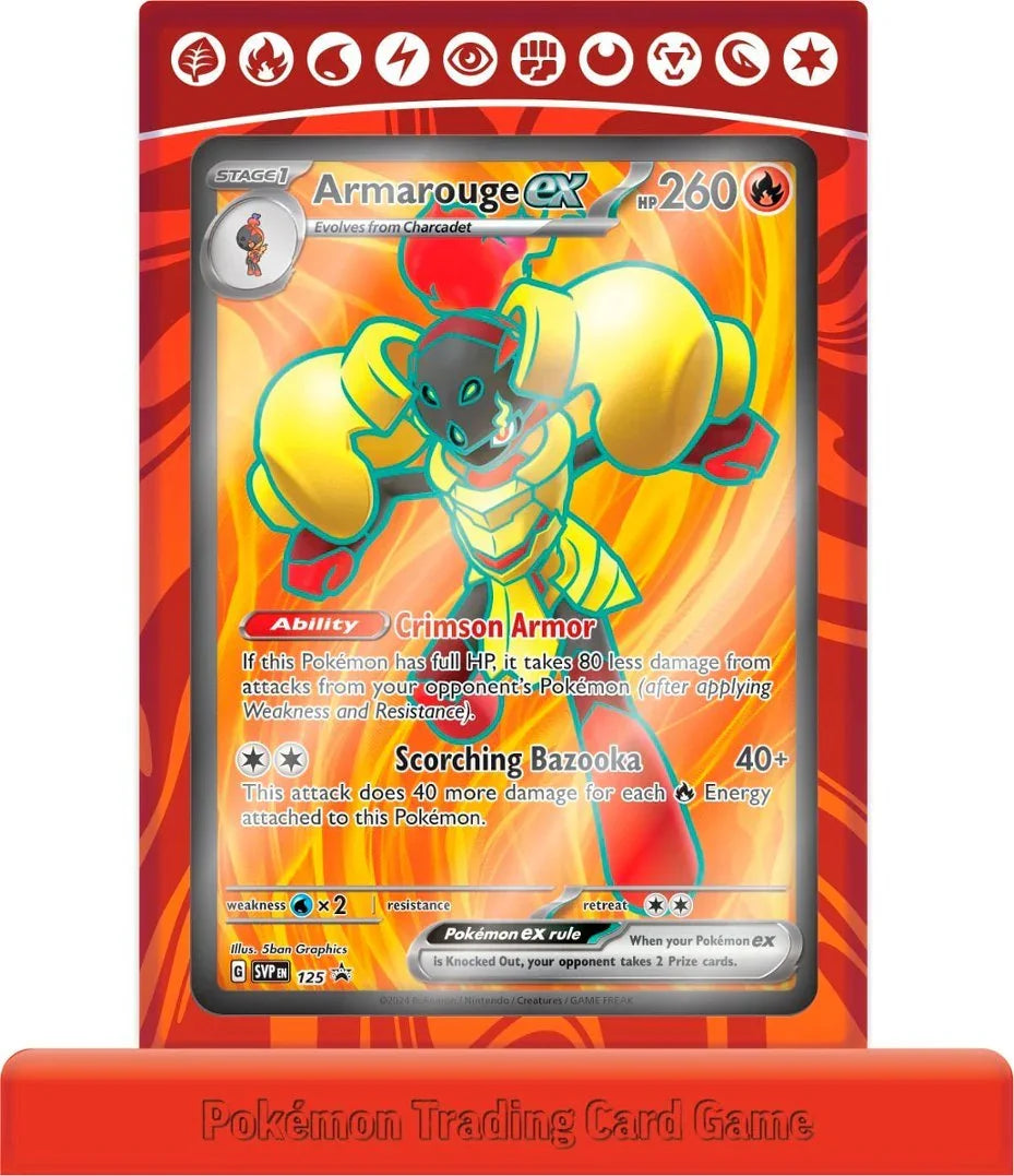 Armarouge ex Pokémon trading card in fiery red display, features Crimson Armor ability.