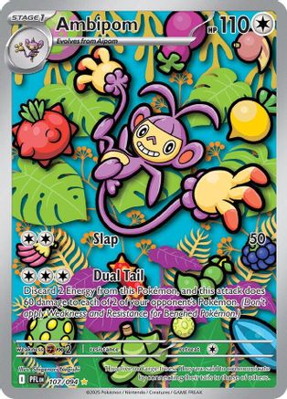 Ambipom Pokémon trading card with colorful fruits and playful forest background