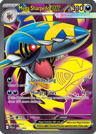 Mega Sharpedo EX Pokémon trading card with vibrant shark illustration, card stats visible