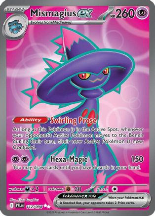 Mismagius EX Pokémon card with swirling pink background and card game stats visible.