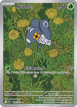 Nymble Pokémon card featuring insect Pokémon among yellow flowers and green grass
