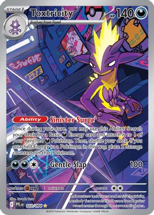 Toxtricity Pokémon trading card with vivid purple and yellow artwork, card stats, and abilities.