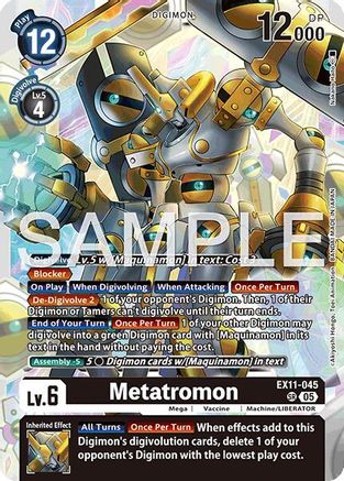 Digimon trading card Metatronmon EX11-045 featuring a robotic Digimon with gold and silver armor.
