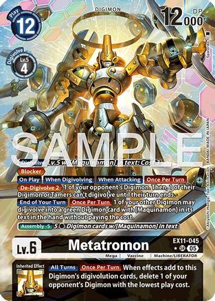 Digimon trading card featuring Metatramon robot with game stats and abilities visible.
