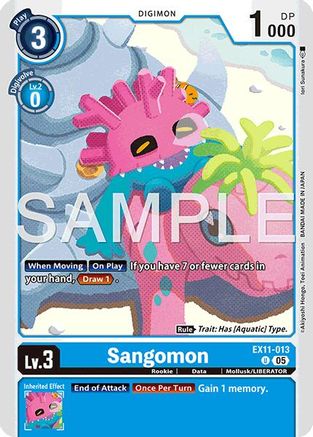 Digimon card featuring Sangomon, a pink aquatic monster with coral-like features and vibrant background.