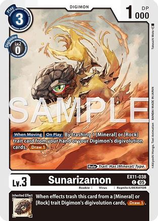 Sunarizamon Digimon trading card featuring a rocky reptile monster with card details visible.