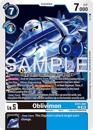 Oblivimon Digimon card with blue cyborg artwork, card stats, and special abilities text visible.