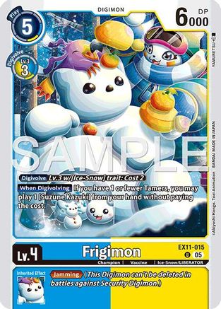 Digimon trading card featuring Frigimon, an ice and snow creature with playful winter-themed design.