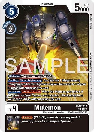 Digimon trading card featuring Mulemmon robot with power stats and special abilities displayed.