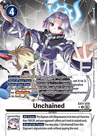 Digimon card featuring an anime-style character with silver hair and a futuristic outfit, labeled Unchained.