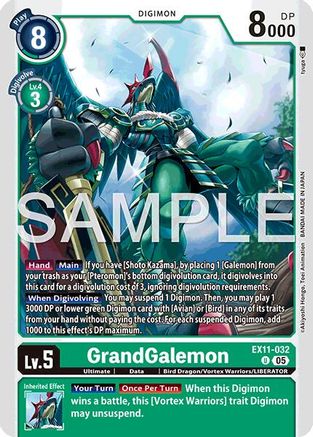 GrandGalemon Digimon trading card with character art, stats, and game effect details.