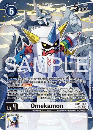Digimon card featuring Omekamon with vivid robotic design, trading card game collectible.