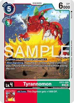 Digimon trading card featuring Tyrannomon, fire attack, stats, and game details visible.