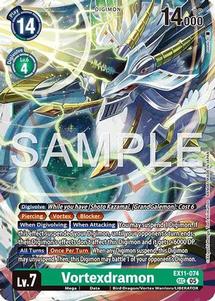 Digimon trading card featuring Vortexdramon with vivid artwork and game details visible