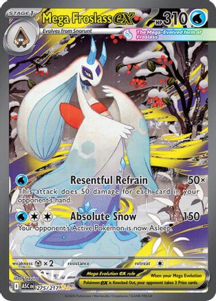 Mega Froslass EX Pokémon card with icy winter background, card game collectible
