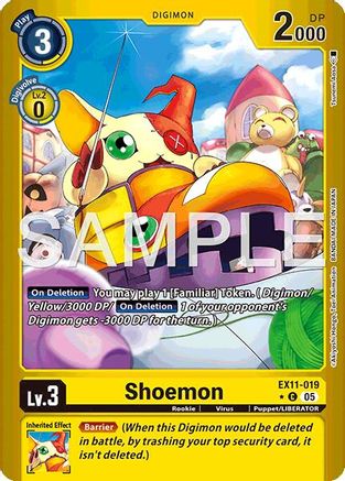 Shoemon Digimon card, yellow background, cartoon character, collectible trading card game