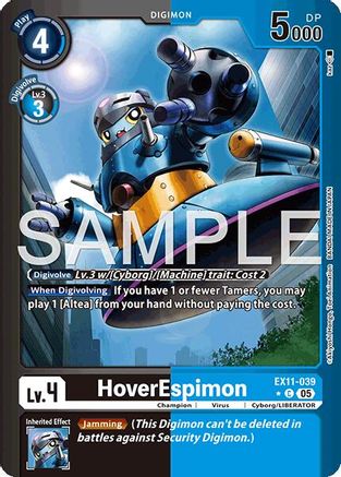 HoverEspimon Digimon card featuring a blue robot character, level 4, with jamming ability