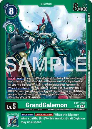 GrandGalemon Digimon card featuring a bird dragon creature, level 5, for trading card games.