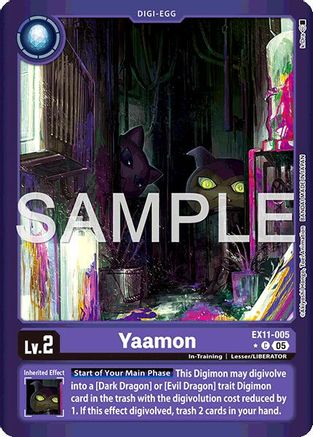Digimon card featuring Yaamon, a purple Digi-Egg creature with glowing yellow eyes in a dark alley.