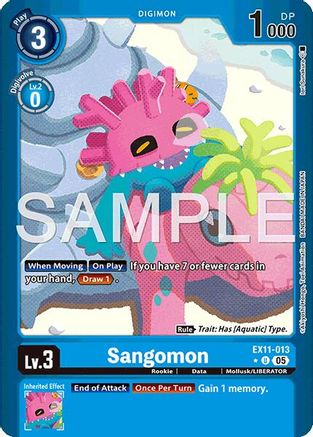 Digimon trading card featuring Sangomon, a pink aquatic creature with plant details, card stats visible.