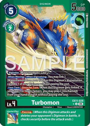 Digimon card featuring Turbomon, a blue and yellow beast, card game collectible