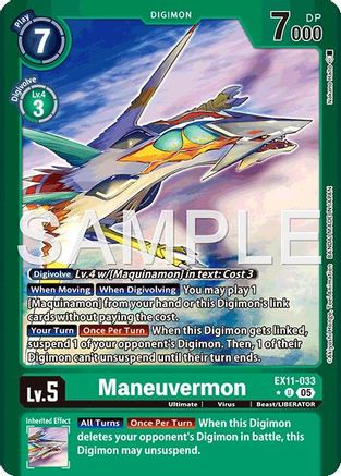 Digimon trading card featuring Maneuvermon, a mechanical dragon with wings on a dynamic background.