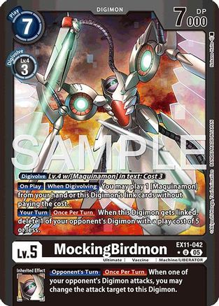 Digimon card featuring MockingBirdmon, mechanical bird design, EX11-042, playing details visible.