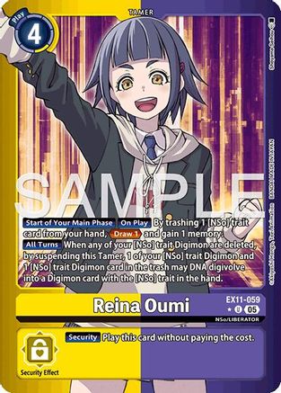 Reina Oumi Digimon card featuring anime girl with dark hair, yellow background, and game details.