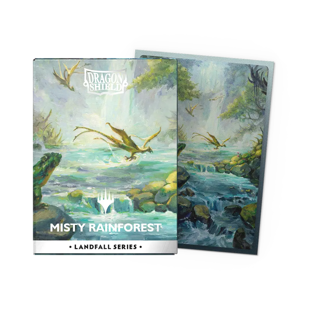 Dragon Shield Misty Rainforest Landfall Series card sleeves with fantasy rainforest art.
