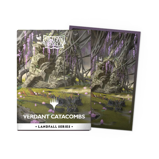 Dragon Shield card sleeves featuring Verdant Catacombs art from Magic The Gathering, ruins with vines and purple flowers