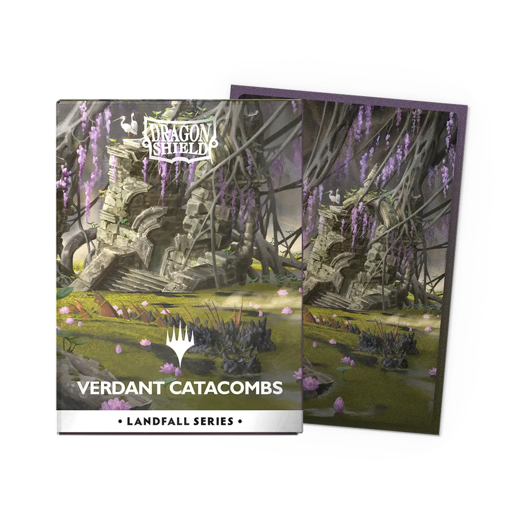 Dragon Shield card sleeves featuring Verdant Catacombs art from Magic The Gathering, ruins with vines and purple flowers