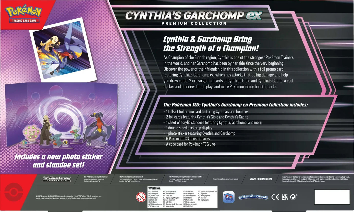Back of Cynthia's Garchomp ex Premium Collection box showing promo cards, standee set, and product details for Pokémon Trading Card Game collectors.