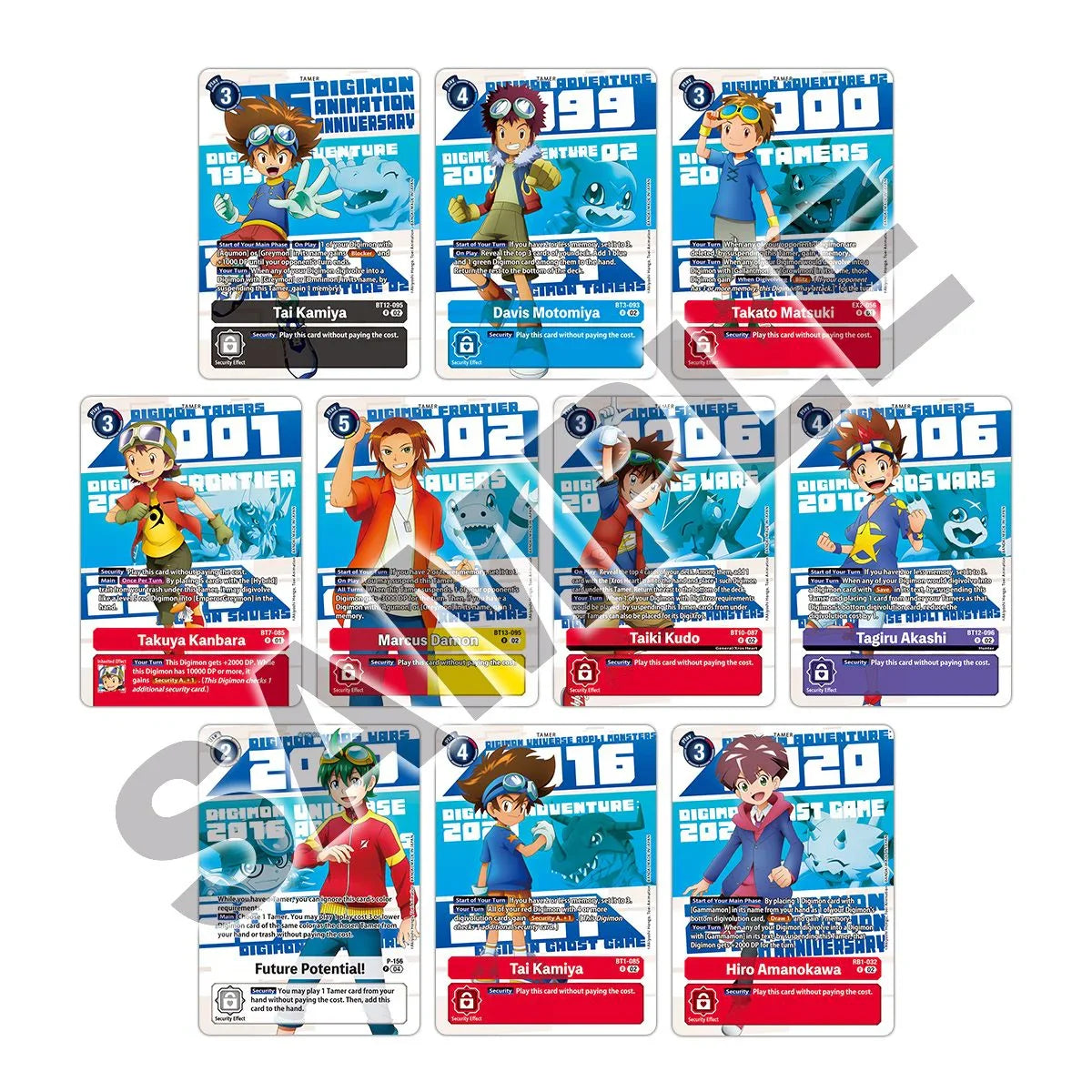 Digimon Card Game 25th Anniversary set featuring colorful anime character cards from various Digimon series.